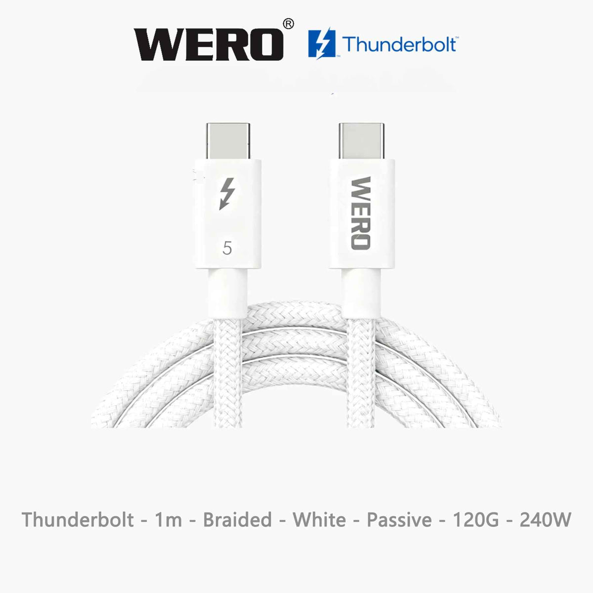 WERO White Thunderbolt 5 Braided Passive Cable Intel Certified 120Gbps 240W EPR PD USB-C Cord DP2.1 8K Video, 0.5M/0.7M/0.8M/1.0M for TB5 MacBook Pro, External SSD, Docking Station, Video Editing Workstation