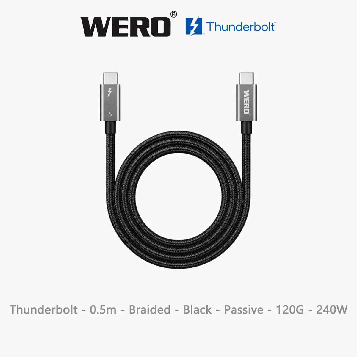 WERO Black Thunderbolt 5 Braided Passive Cable Intel Certified 120Gbps 240W EPR PD USB-C Cord DP2.1 8K Video, 0.5M/0.7M/0.8M/1.0M for TB5 MacBook Pro, External SSD, Docking Station, Video Editing Workstation
