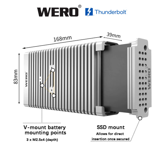 WERO Thunderbolt 5 SSD-Gehäuse Gen 2 – 6.000 MB/s Tragbares NVMe M.2 Gehäuse, aktive Kühlung, werkzeuglos, für Mac & PC