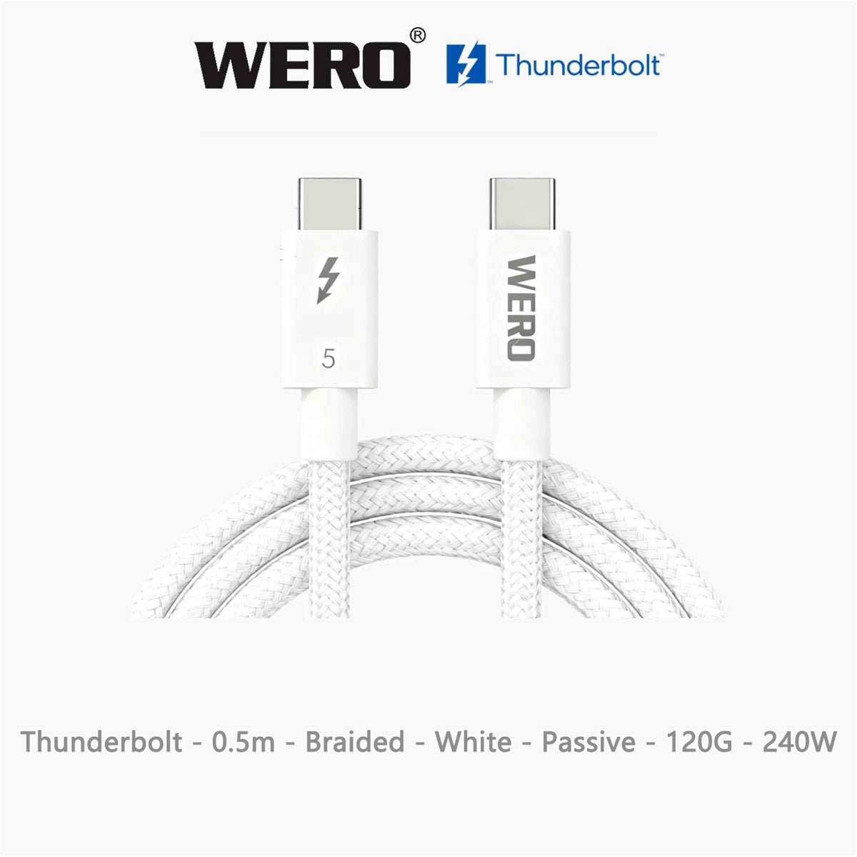 WERO Black Thunderbolt 5 Braided Passive Cable Intel Certified 120Gbps 240W EPR PD USB-C Cord DP2.1 8K Video, 0.5M/0.7M/0.8M/1.0M for TB5 MacBook Pro, External SSD, Docking Station, Video Editing Workstation