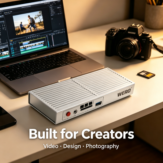 WERO Professional-Grade Thunderbolt 3 Docking Station—featuring an aluminum alloy body and a built-in M.2 NVMe SSD enclosure; supports 85W PD fast charging, 4K 144Hz HDMI output, and 2.5G Ethernet; compatible with MacBook and Windows laptops.