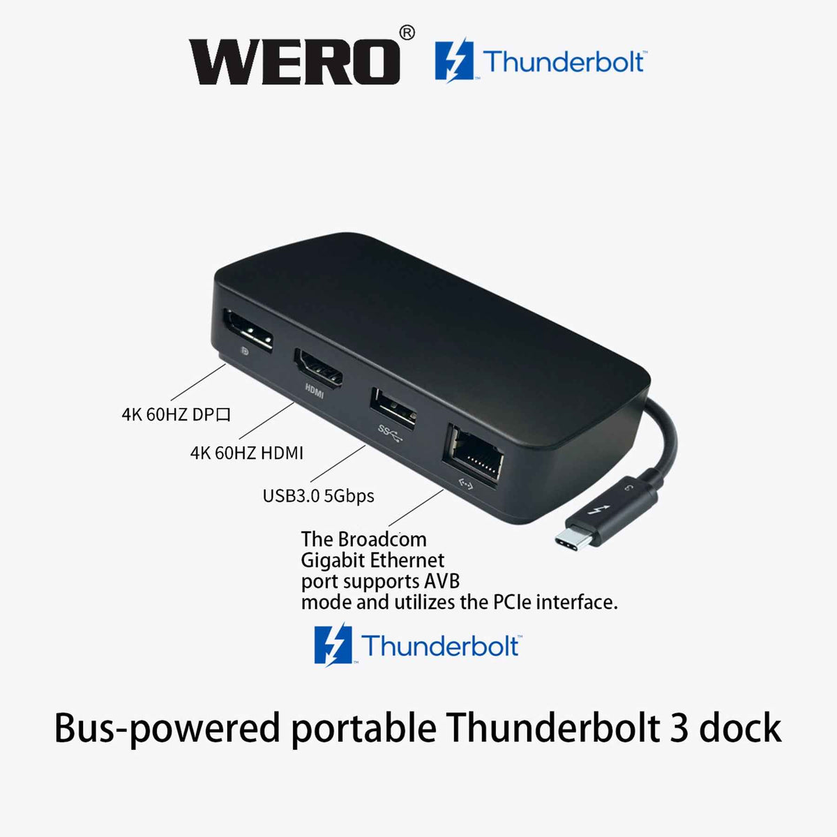 WERO Power-Free TB3 Travel Dock – Dual 4K 60Hz Bus-Powered Hub
